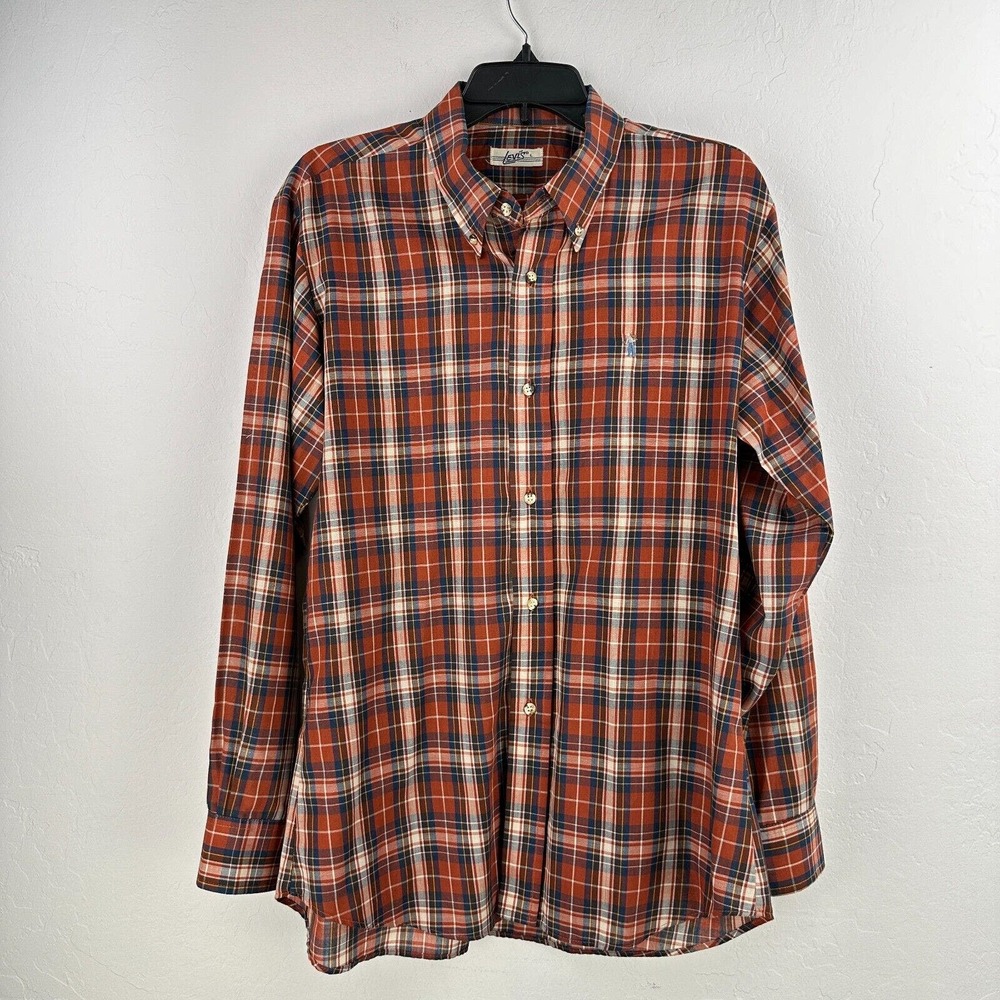 Vintage Levis Shirt Mens Large Red Blue Plaid‎ Button Down Long Sleeve Western
